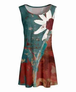 Lily | Teal & Rust Daisy Sleeveless Scoop Neck Tunic - Women