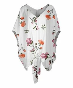 Lily | White & Orange Floral Knot-Hem V-Neck Tunic - Plus