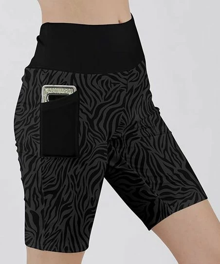 Lily | Black & Gray Zebra Wide-Waist Pocket Bike Shorts - Women 1 Lily | Black & Gray Zebra Wide-Waist Pocket Bike Shorts - Women