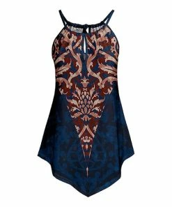 Lily | Navy & Red Abstract-Contrast Keyhole Sleeveless High-Neck Tunic - Plus