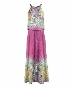 Lily | Pink & Turquoise Leaves Yoke Maxi Dress - Plus