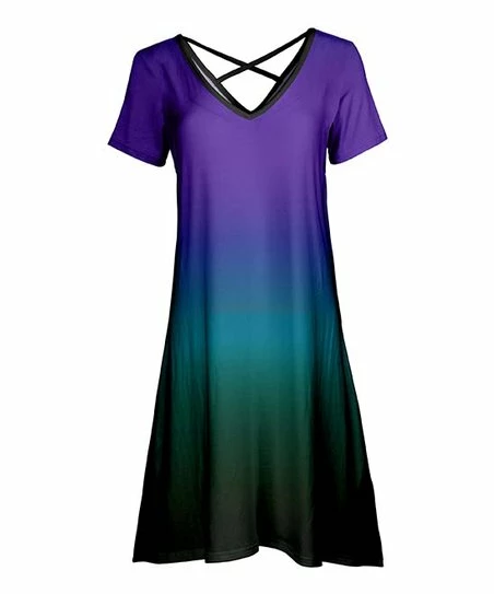 Lily | Purple & Green Ombré Crisscross-Back V-Neck Dress - Women 1 Lily | Purple & Green Ombré Crisscross-Back V-Neck Dress - Women