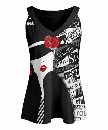 Lily | Black & White Fashion Lady V-Neck Tank - Plus 1 Lily | Black & White Fashion Lady V-Neck Tank - Plus