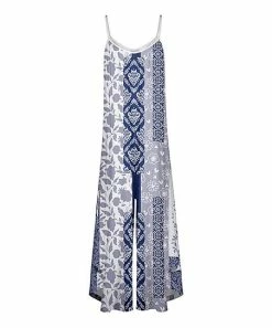 Lily | Blue & White Baroque Patch Cami-Strap Wide-Leg Jumpsuit - Women
