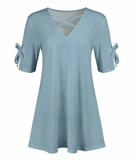Lily | Light Blue Crisscross V-Neck Slit-Sleeve Tunic - Plus 1 Lily | Light Blue Crisscross V-Neck Slit-Sleeve Tunic - Plus