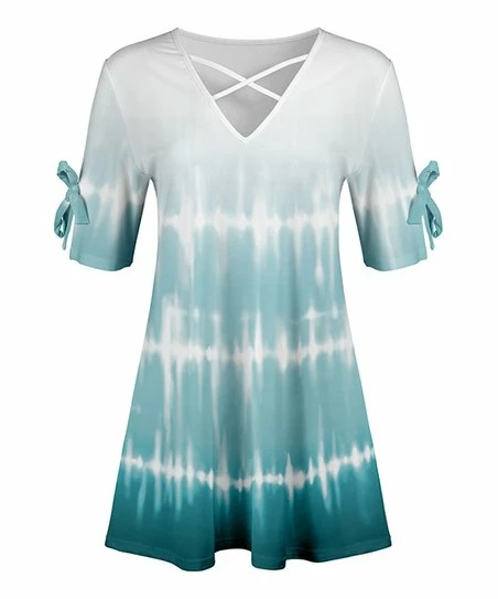 Lily | Blue & White Shibori Tie-Dye Crisscross V-Neck Slit-Sleeve Tunic - Women 1 Lily | Blue & White Shibori Tie-Dye Crisscross V-Neck Slit-Sleeve Tunic - Women