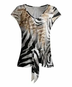 Lily | Beige & Black Animal-Print Cap-Sleeve Tie-Front V-Neck Top - Women