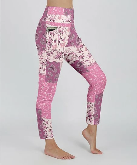 Lily | Rose & Mauve Paisley Patchwork High-Waist Pocket Leggings - Women 1 Lily | Rose & Mauve Paisley Patchwork High-Waist Pocket Leggings - Women