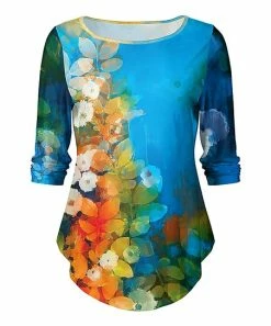 Lily | Blue & Orange Floral Boatneck Three-Quarter Sleeve Top - Women