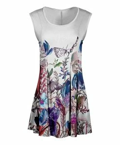 Lily | White & Blue Floral Butterfly Scoop Neck Sleeveless Tunic - Plus