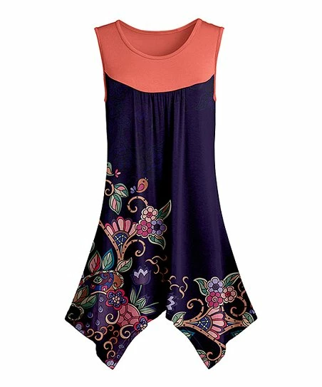 Lily | Purple & Coral Floral Sleeveless Sidetail Tunic - Women 1 Lily | Purple & Coral Floral Sleeveless Sidetail Tunic - Women