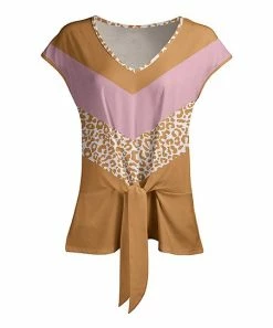 Lily | Beige & Pink Leopard V-Neck Cap-Sleeve Tie-Hem Top - Women