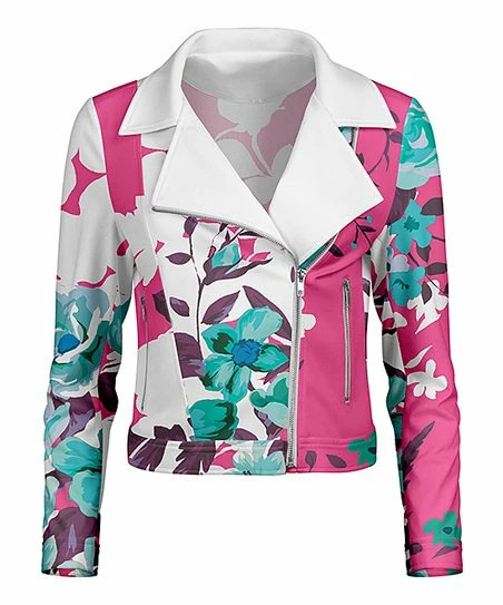 Lily | Pink & Blue Abstract-Floral Side-Zip Moto Jacket - Women 1 Lily | Pink & Blue Abstract-Floral Side-Zip Moto Jacket - Women
