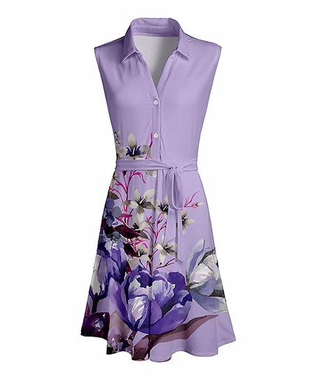 Lily | Lavender & Purple Floral Button-Front Tie-Waist Sleeveless Dress - Plus 1 Lily | Lavender & Purple Floral Button-Front Tie-Waist Sleeveless Dress - Plus