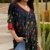 Lily | Navy & Red Watercolor Floral Layered-Sleeve V-Neck Tunic - Plus
