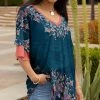 Lily | Blue & Coral Floral Filigree Layered-Sleeve V-Neck Tunic - Plus
