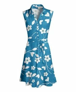 Lily | Blue & White Floral Belted Sleeveless Button-Front A-Line Dress - Women