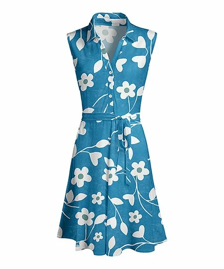 Lily | Blue & White Floral Belted Sleeveless Button-Front A-Line Dress - Women 1 Lily | Blue & White Floral Belted Sleeveless Button-Front A-Line Dress - Women