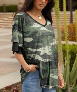 Lily | Black & Green Camo Ruffle-Sleeve V-Neck Tunic - Women & Plus