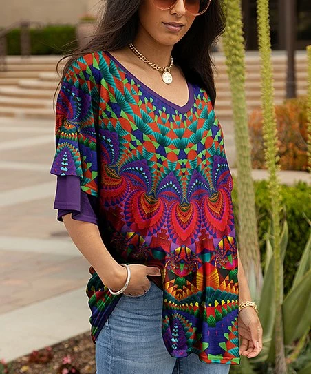 Lily | Purple & Fuchsia Medallion Layered-Sleeve Tunic - Women & Plus 1 Lily | Purple & Fuchsia Medallion Layered-Sleeve Tunic - Women & Plus