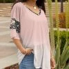 Lily | Pink & Black Polka Dot Half-Sleeve V-Neck Tunic - Plus