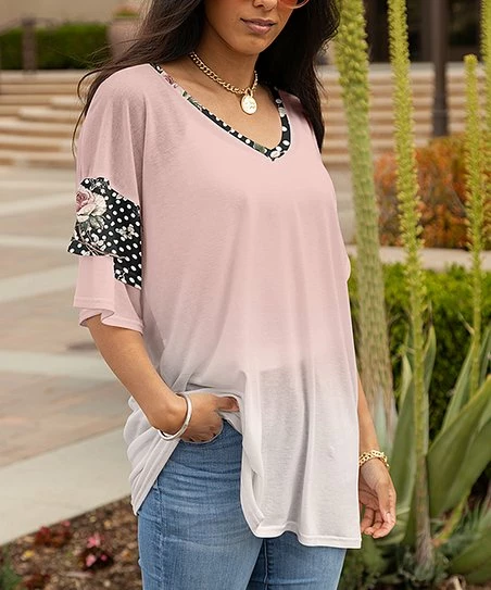 Lily | Pink & Black Polka Dot Half-Sleeve V-Neck Tunic - Plus 1 Lily | Pink & Black Polka Dot Half-Sleeve V-Neck Tunic - Plus