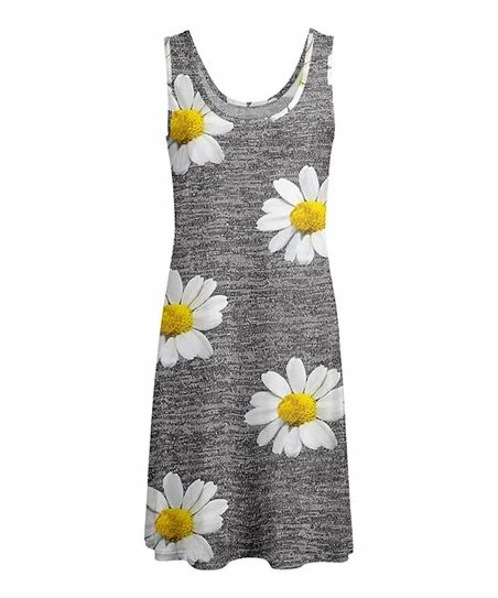 Lily | Gray & Yellow Daisy Scoop Neck Sleeveless Dress - Plus 1 Lily | Gray & Yellow Daisy Scoop Neck Sleeveless Dress - Plus