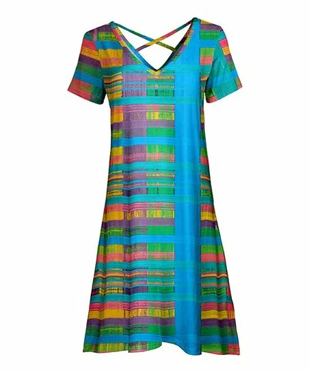 Lily | Blue & Green Plaid Crisscross-Back V-Neck Dress - Women 1 Lily | Blue & Green Plaid Crisscross-Back V-Neck Dress - Women