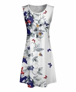 Lily | White & Blue Floral Butterfly Pleat-Front Sleeveless Dress - Women & Plus