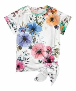 Lily | White & Blue Floral Knot-Hem Crewneck Top - Women