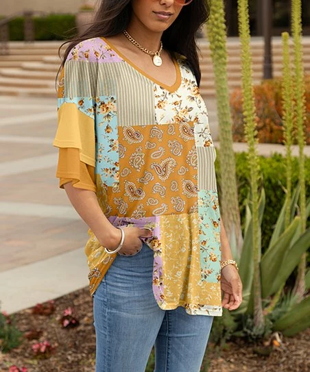 Lily | Gold & Yellow Floral Patchwork V-Neck Tunic - Women 1 Lily | Gold & Yellow Floral Patchwork V-Neck Tunic - Women