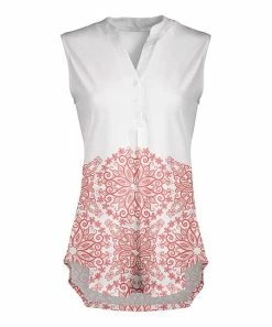 Lily | White & Coral Arabesque Button-Accent Notch-Neck Sleeveless Tunic - Plus