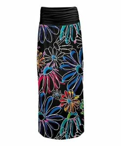 Lily | Black & Blue Floral Sketch Shirred-Waist Maxi Skirt - Plus