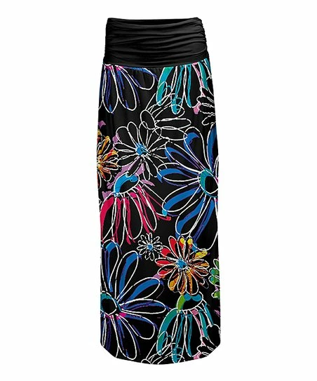 Lily | Black & Blue Floral Sketch Shirred-Waist Maxi Skirt - Plus 1 Lily | Black & Blue Floral Sketch Shirred-Waist Maxi Skirt - Plus