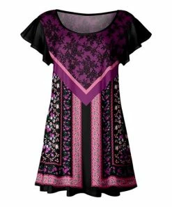 Lily | Black & Purple Floral Patchwork Flutter-Sleeve Tunic - Women & Plus