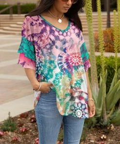 Lily | Pink & Turquoise Medallion Ruffle-Sleeve V-Neck Tunic - Women & Plus