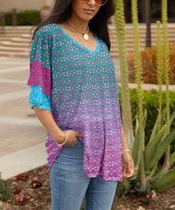Lily | Turquoise & Pink Geometric Ruffle-Sleeve V-Neck Tunic - Plus