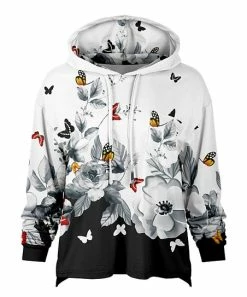 Lily | Black & White Butterfly Floral Patch-Pocket Hoodie - Women & Plus