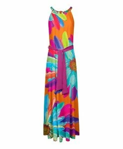 Lily | Orange & Fuchsia Daisies Sleeveless Yoke Sash-Waist Maxi Dress - Women & Plus