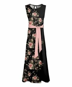Lily | Black & Pink Roses Sleeveless Sash-Waist Maxi Dress - Women & Plus