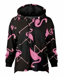 Lily | Black & Pink Flamingo Loose Fit Patch-Pocket Hoodie - Women & Plus