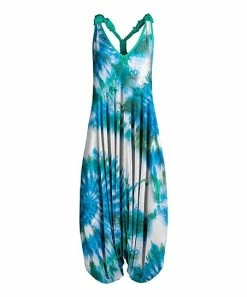 Lily | Blue & Turquoise Tie-Dye Racerback Harem Jumpsuit - Plus