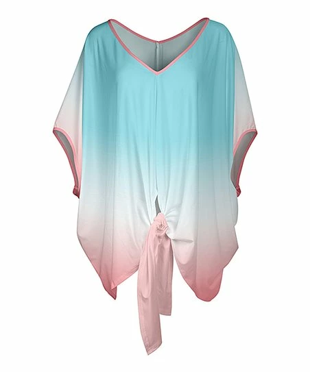 Lily | Aqua & Rose Ombré V-Neck Tie-Front Tunic - Women 1 Lily | Aqua & Rose Ombré V-Neck Tie-Front Tunic - Women