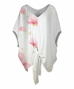 Lily | White & Rose Floral V-Neck Tie-Front Tunic - Plus