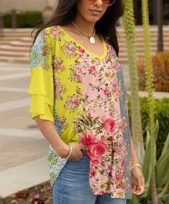 Lily | Yellow & Pink Floral Patchwork Ruffle-Sleeve V-Neck Tunic - Women & Plus