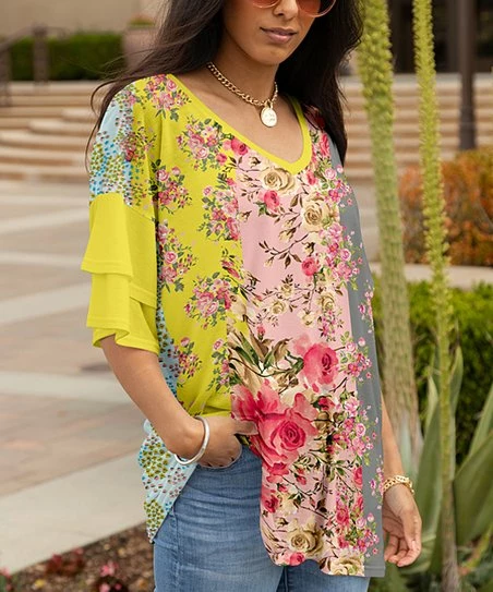 Lily | Yellow & Pink Floral Patchwork Ruffle-Sleeve V-Neck Tunic - Women & Plus 1 Lily | Yellow & Pink Floral Patchwork Ruffle-Sleeve V-Neck Tunic - Women & Plus