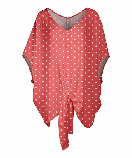 Lily | Coral & White Polka Dot Tie-Hem Dolman Tunic - Women 1 Lily | Coral & White Polka Dot Tie-Hem Dolman Tunic - Women