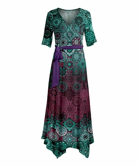 Lily | Green & Purple Medallion Half-Sleeve Handkerchief Maxi Dress - Women 1 Lily | Green & Purple Medallion Half-Sleeve Handkerchief Maxi Dress - Women