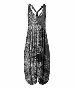 Lily | Gray & White Floral Paisley Sleeveless V-Neck Harem Jumpsuit - Women