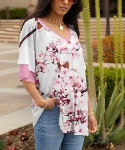 Lily | White & Pink Cherry Blossom Ruffle-Sleeve V-Neck Tunic - Women